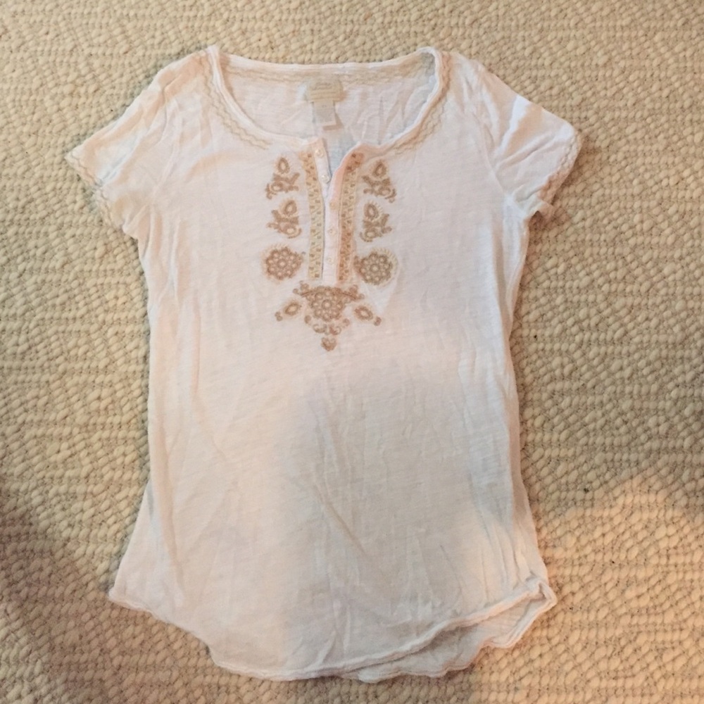 Lucky Brand White Short Sleeve Embroidered Henley Tee